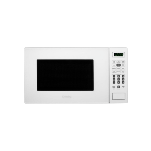 Compact white countertop microwave with digital display and keypad, ideal for small kitchens and appliance collections