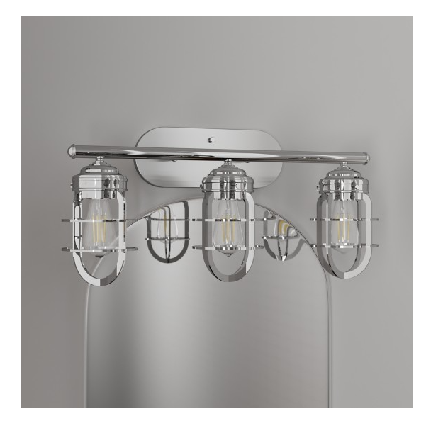 Chrome bathroom wall vanity light fixture with three caged glass shades for rustic and modern lighting collections