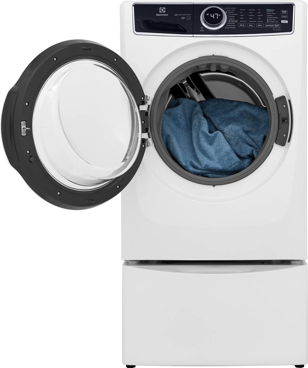 White front load washer with open door, digital control panel, and blue fabric inside from washers and dryers collection