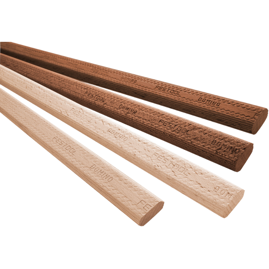 Four wooden domino tenons in varying wood tones with textured surface pattern and engraved branding, used for strong woodworking joints.
