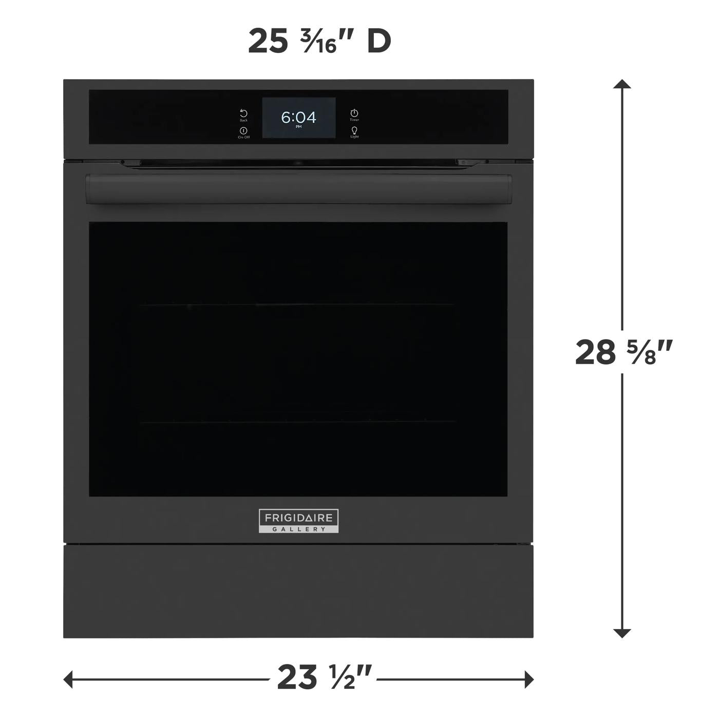 Matte black 24-inch electric wall oven with digital display and handle, part of kitchen appliance collections