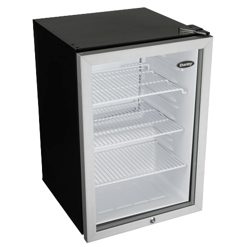 Compact commercial-style refrigerator with glass door and wire shelves suitable for kitchen and mini refrigerator use