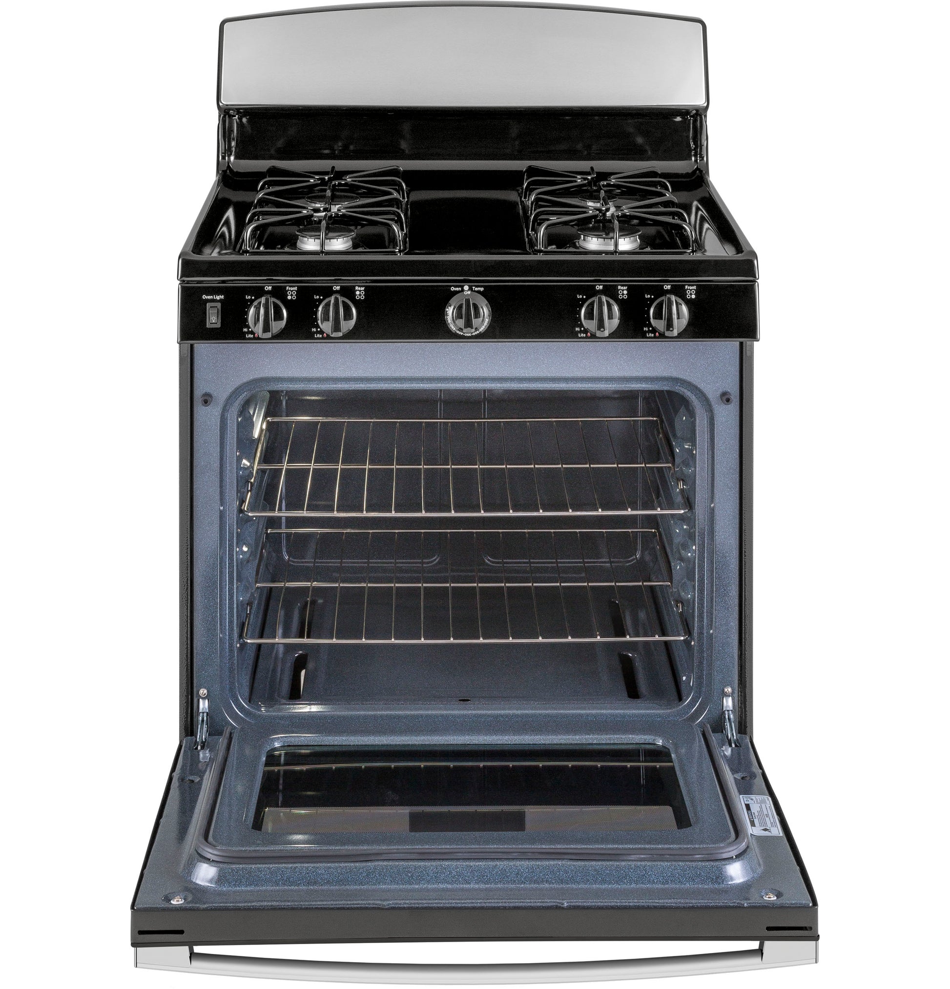 Open door of black freestanding gas range with four burners and dual oven racks in kitchen appliances collection