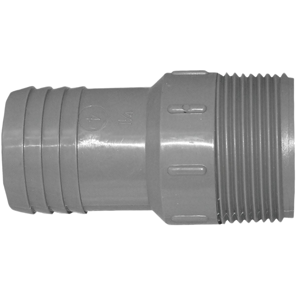 Gray polypropylene hose adapter with 1-1/4 inch male pipe thread and insert for plumbing in Pipes & Fittings collections