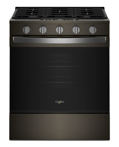 30-inch gas range with dark stainless steel finish, five control knobs, and large oven door in Ranges and Kitchen & Kitchenware collections