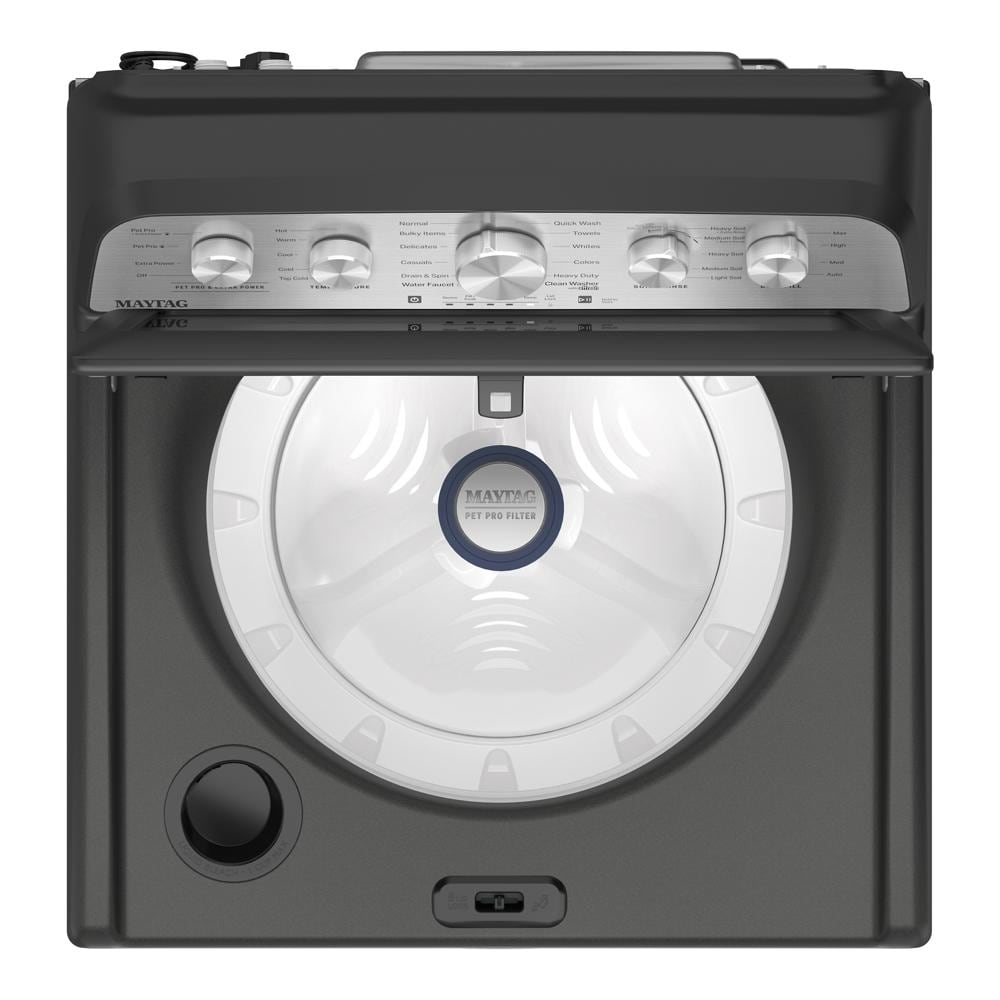 Top load washer with agitator and control panel featuring multiple wash settings for pet hair and stain removal