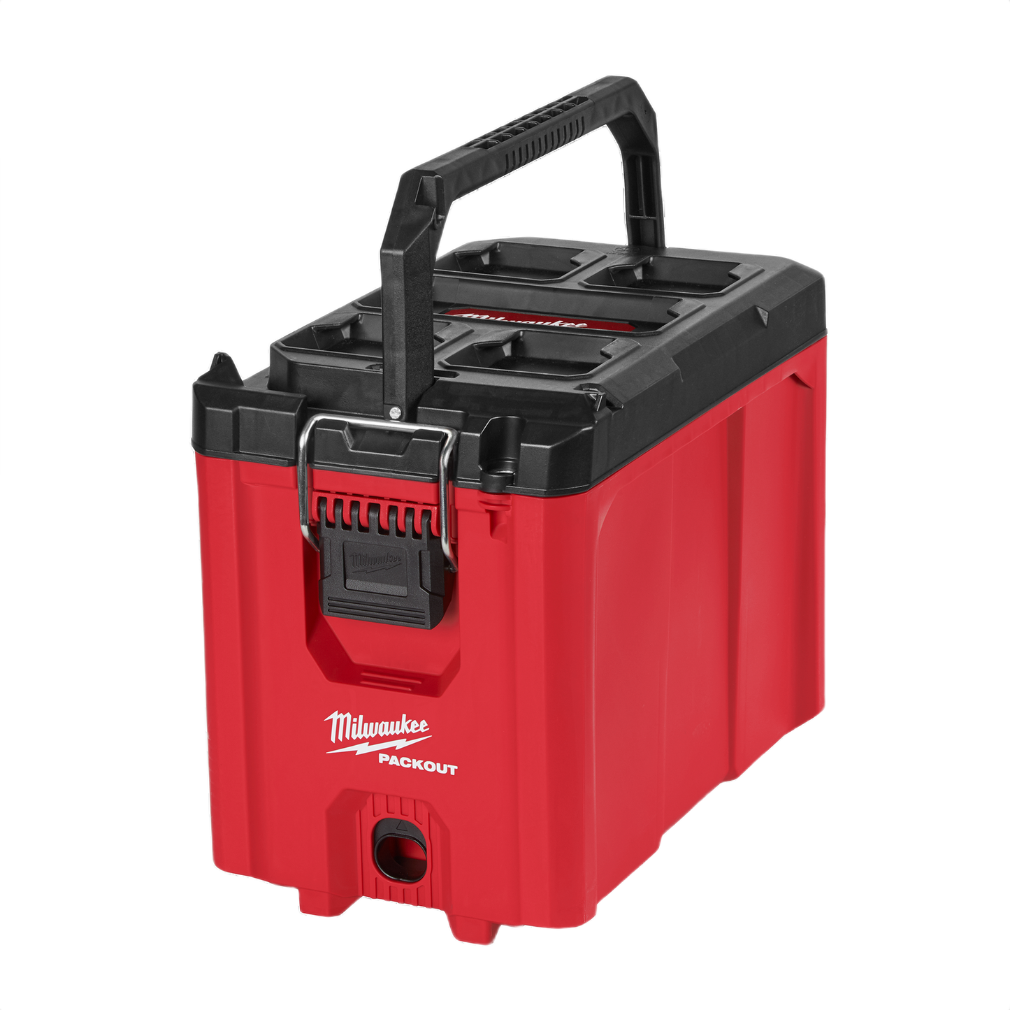 Red and black compact tool box with sturdy handle and secure latch for jobsite storage and organization solutions