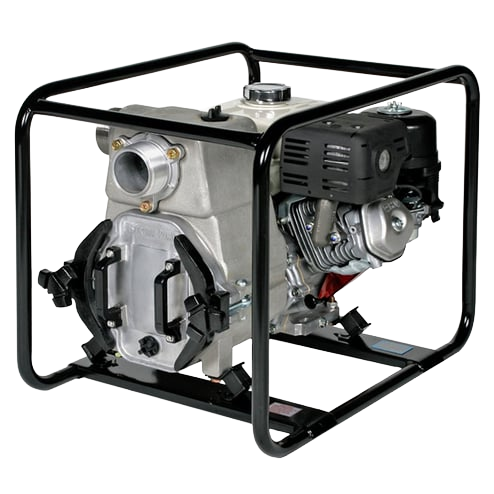 Engine powered water pump with robust metal frame and Honda GX160 engine, part of Plumbing and Utility Pumps rental equipment at Hartville Hardware.