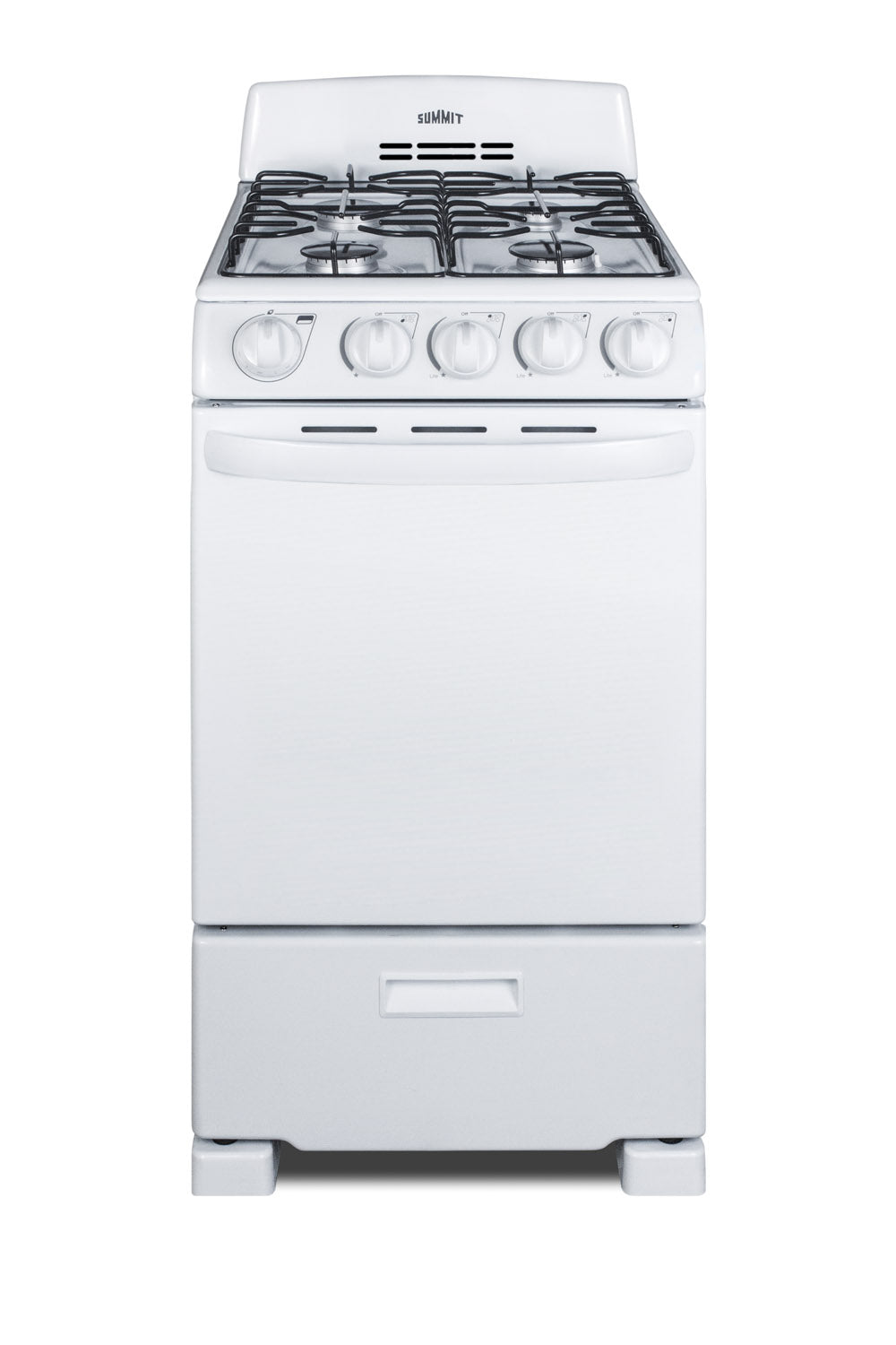 Compact white gas range with four burners and control knobs, ideal for space-saving kitchens and home improvement projects