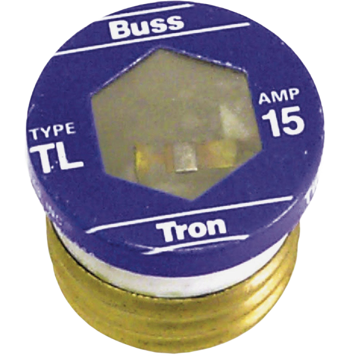 Blue and brass 15 amp TL type plug fuse with hex window for home improvement electrical tools and repairs
