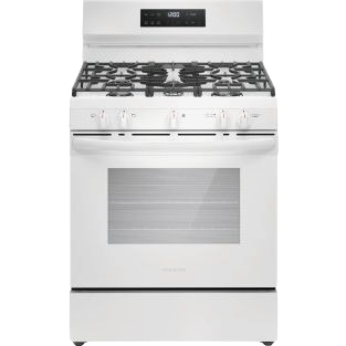 White 30-inch gas range with five burners including oval and simmer burners, digital control panel, and oven window