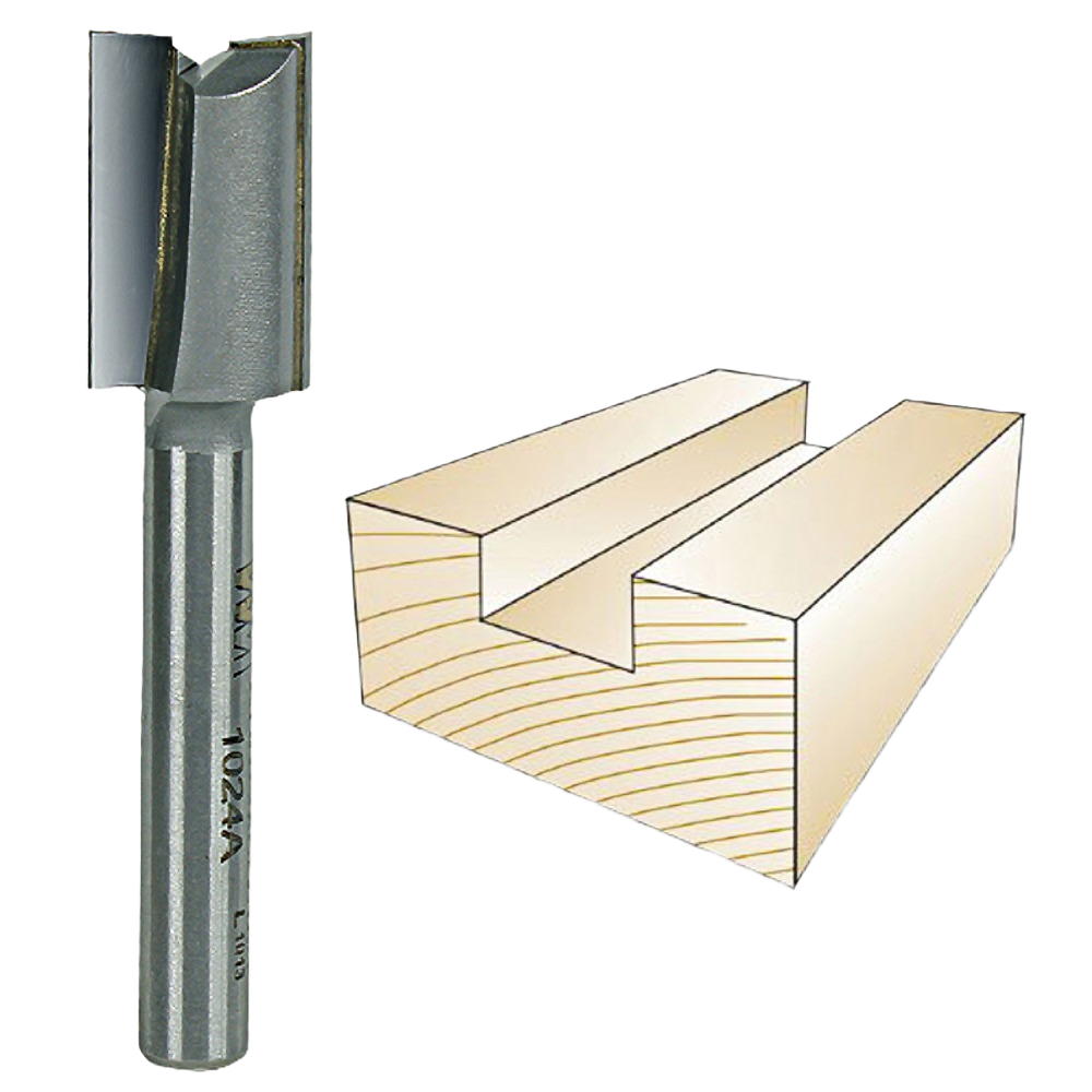 Straight router bit with cutting edge for clean dados in plywood, part of tool accessories and drill bits collections.