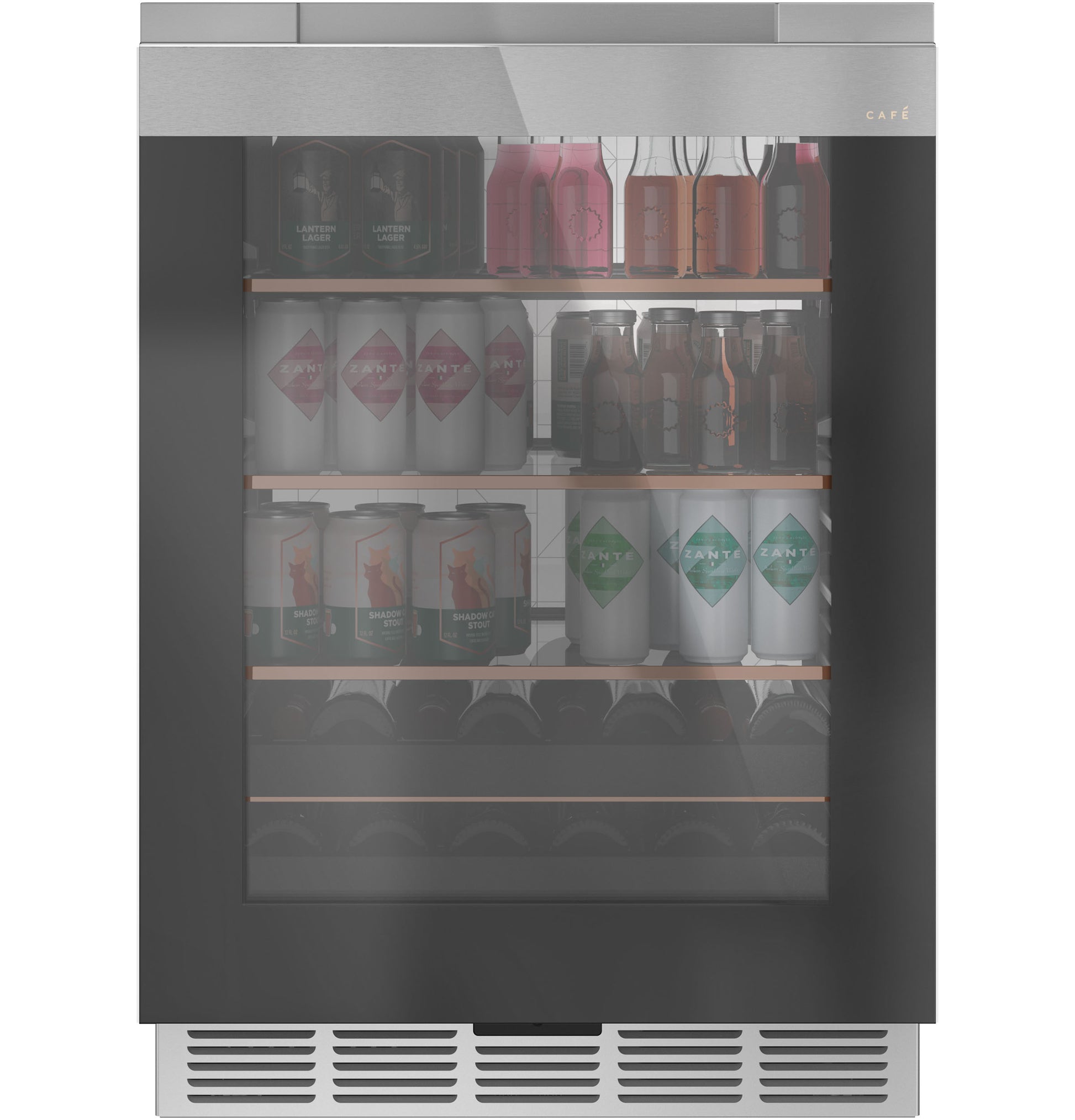 Platinum glass beverage center with glass door and wooden shelves storing assorted drinks in beverage centers collection