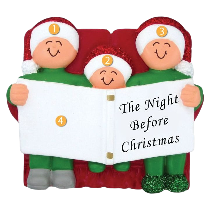 Personalized Christmas ornament with three smiling figures in green pajamas reading "The Night Before Christmas" book