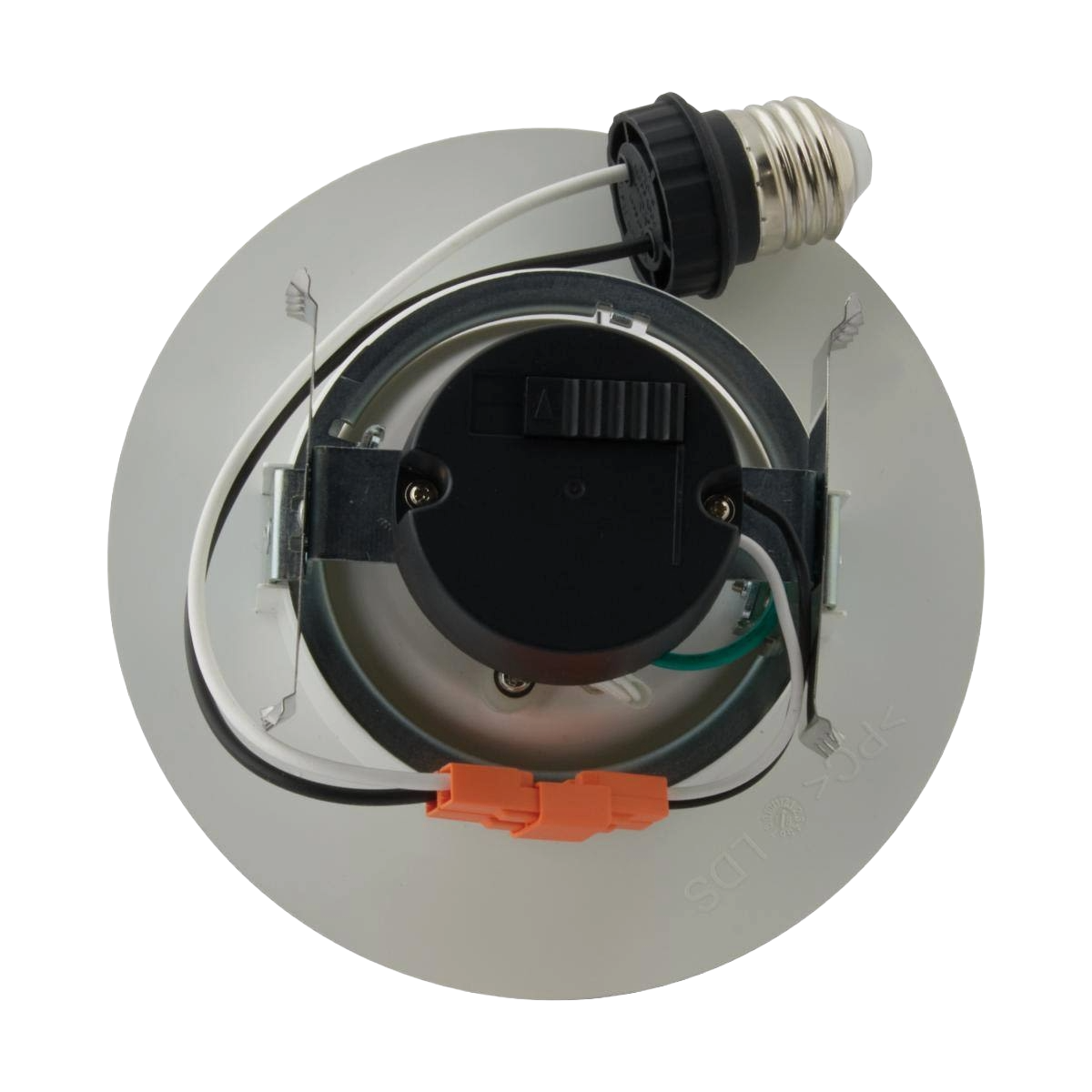 Circular LED retrofit downlight with metal housing and wiring connector for lighting and electrical applications