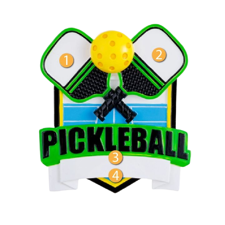Personalized pickleball shield ornament with crossed paddles, yellow ball, and court design for Christmas decor under $50 collection