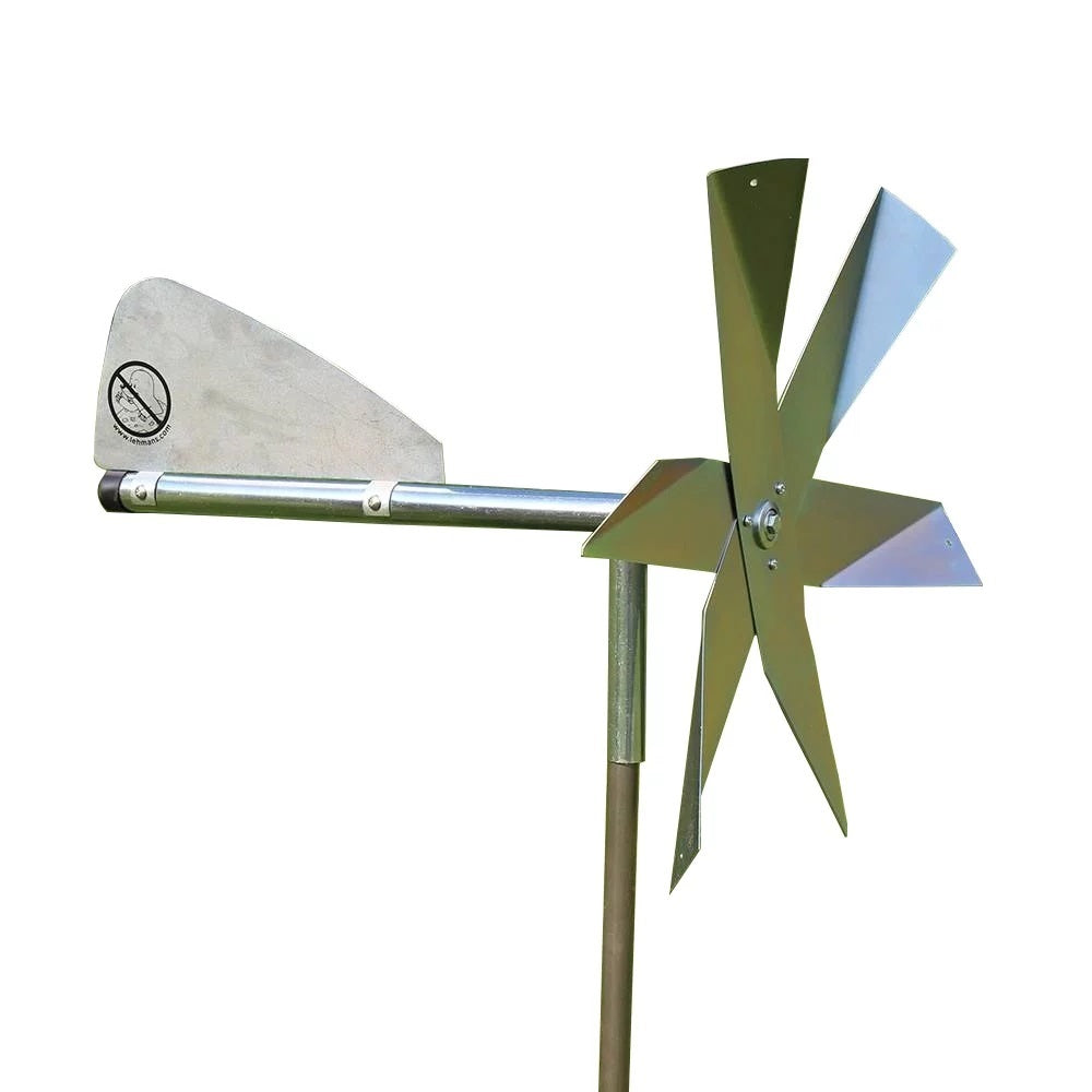 Outdoor mole deterrent windmill with angled metal blades and tail vane for lawn and garden pest control tools