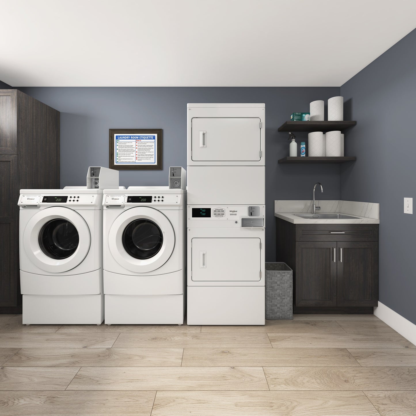 Laundry room with white front-load washers paired with commercial stack dryer featuring coin drop and coin box in appliance collection