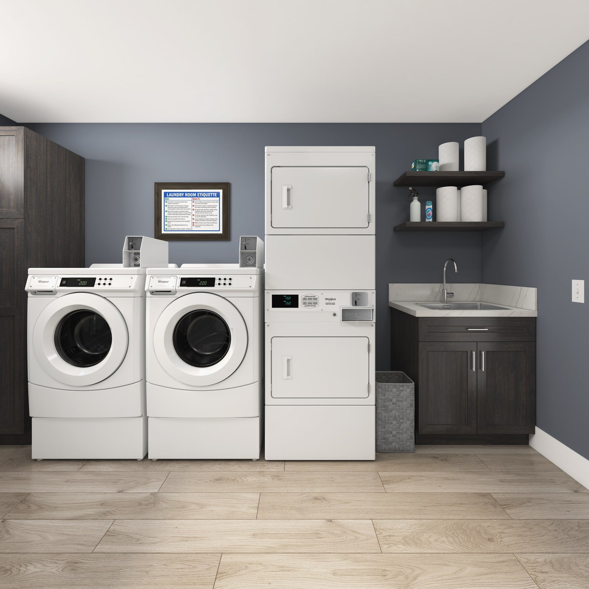 Laundry room with white front-load washers paired with commercial stack dryer featuring coin drop and coin box in appliance collection