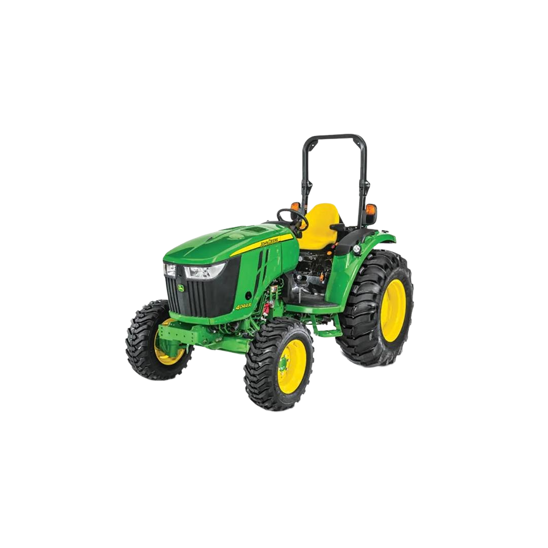 Green and yellow compact utility tractor with rollover protection and large rear tires for farming and home improvement tasks