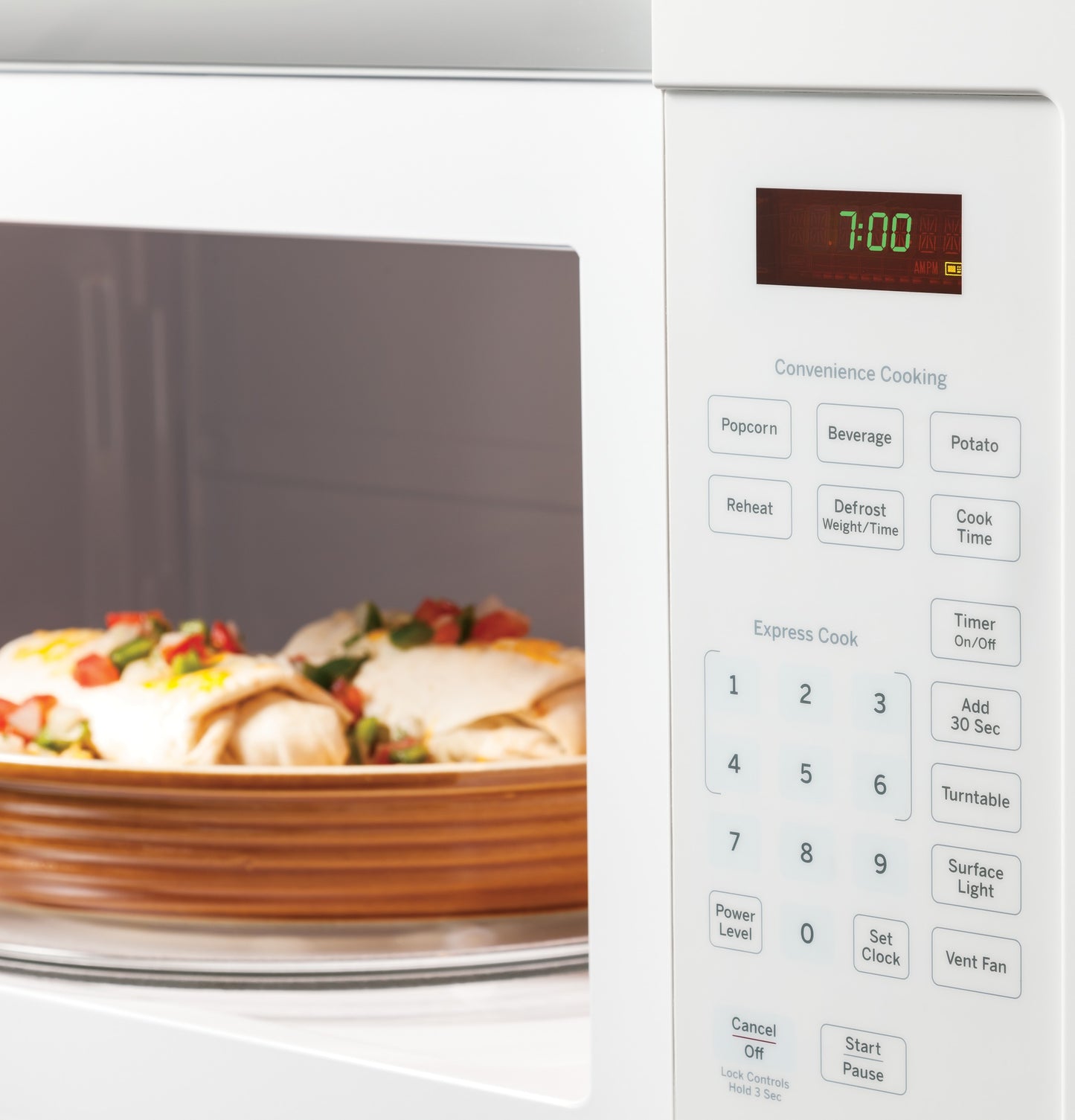 White over-the-range microwave keypad with digital display and convenience cooking options in Microwaves and Appliances collections