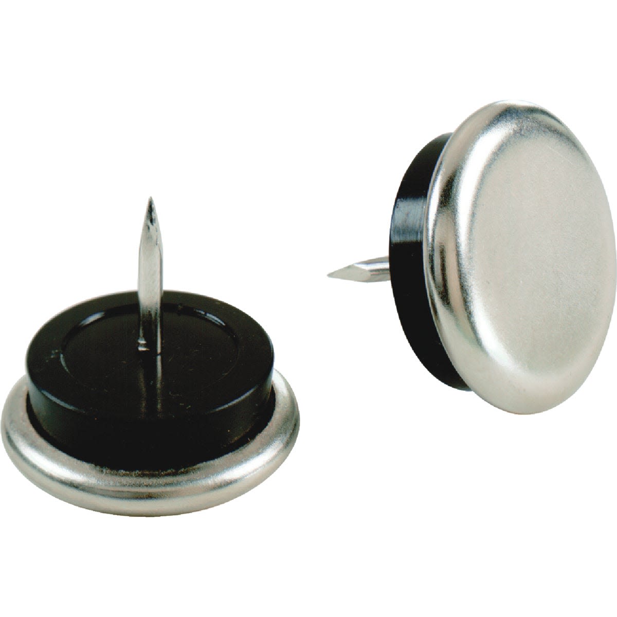 Round metal nail-on glides with rubber cushions for protecting floors during home improvement projects, 4-pack set