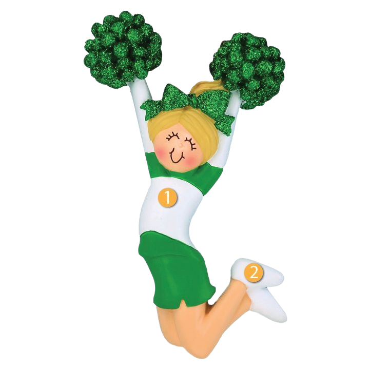Blonde female cheerleader ornament in green uniform with glittery pom-poms for Christmas tree decor under $50 collection