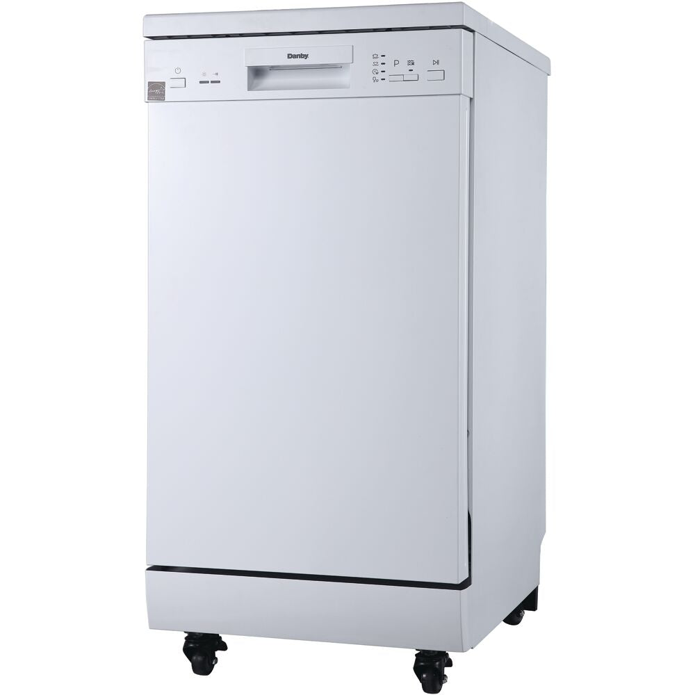 Freestanding portable dishwasher in white with control panel and caster wheels for kitchen appliances collection