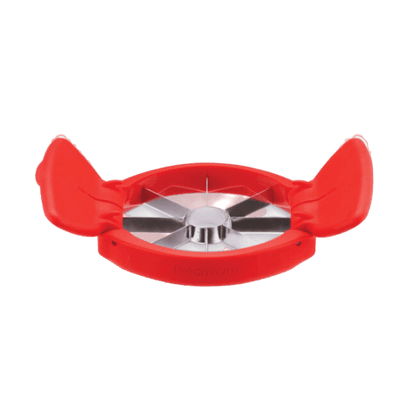 Red kitchen apple slicer with foldable handles and stainless steel blades for efficient fruit cutting tools.