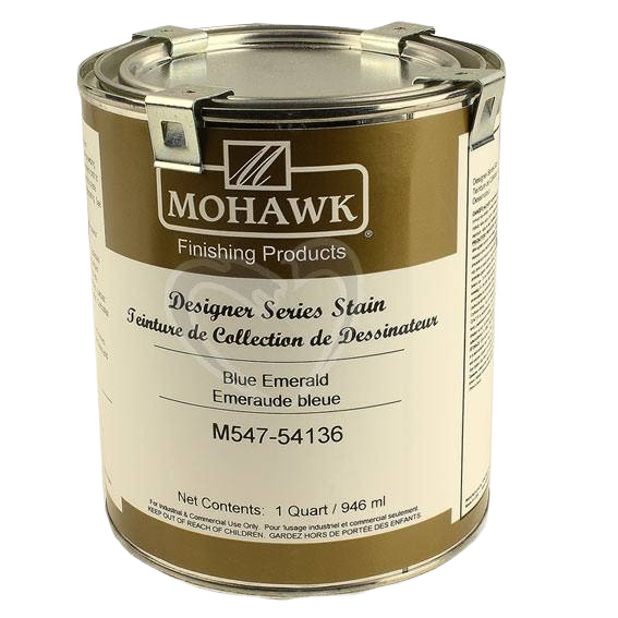 Quart can of Mohawk Designer Series Blue Emerald stain for interior wood finishing and home improvement projects