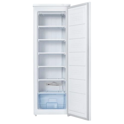 White upright freezer with manual defrost, mechanical thermostat, multiple shelves, and clear storage drawer for kitchen use