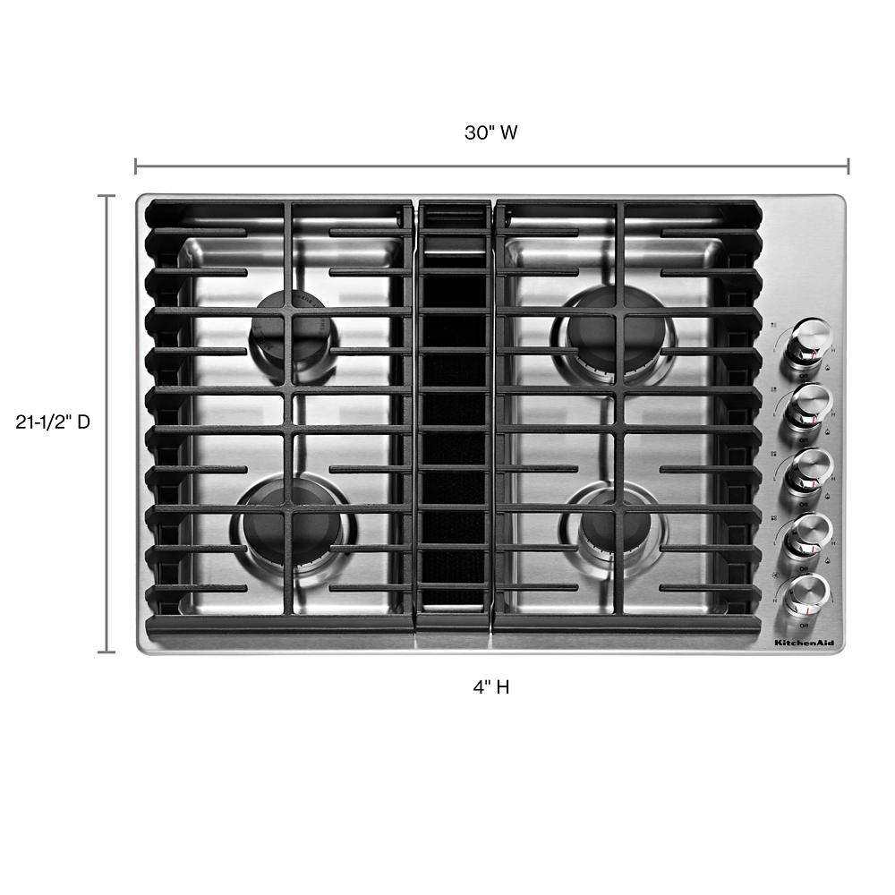 Stainless steel 30-inch gas cooktop with four burners, downdraft vent, and front control knobs in KitchenAid collection