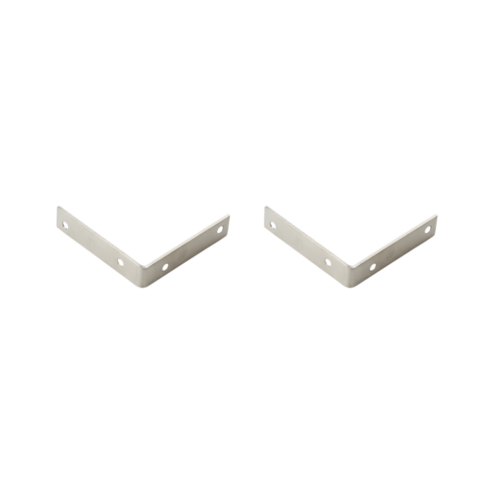 Two stainless steel corner braces with multiple screw holes for furniture and building hardware support applications