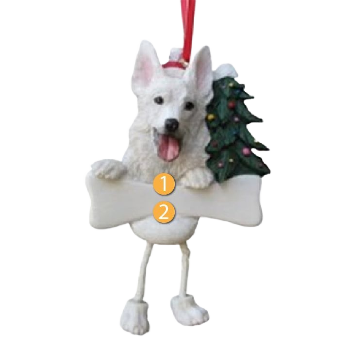 White German Shepherd dog ornament holding a bone with dangling legs and decorated Christmas tree for holiday decor under $50 collection