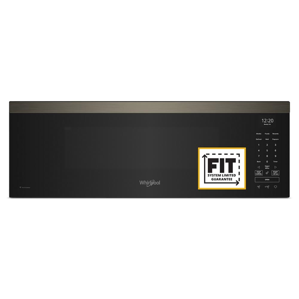 Black low profile over-the-range microwave with digital control panel and limited fit system badge from kitchen appliances collection