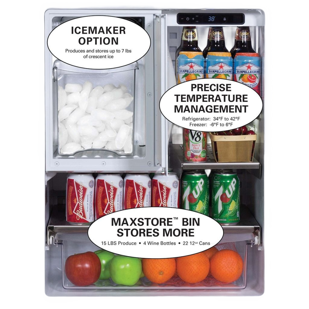 Open small undercounter outdoor refrigerator showing ice maker, beverage storage, and produce drawer features
