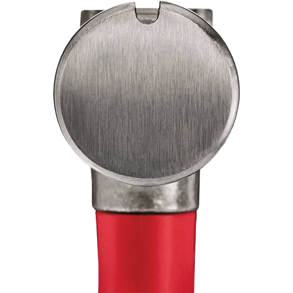 Top view of smooth metal face hammer head with red poly-fiberglass handle for tools and home improvement use