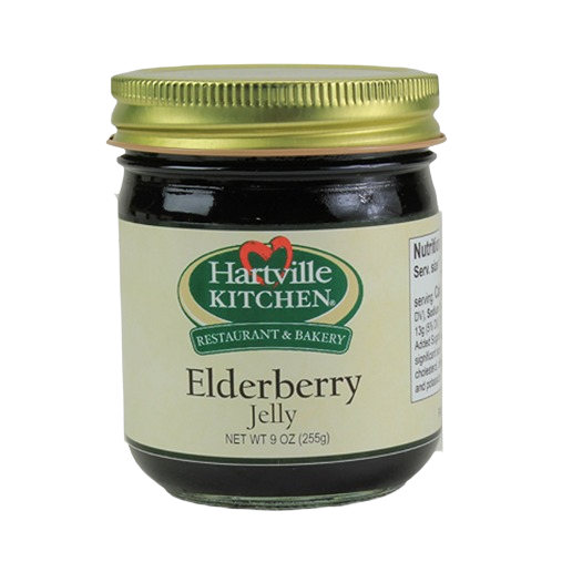 Glass jar of elderberry jelly with gold lid from Hartville Kitchen, featured in jams and jellies under $25 collection