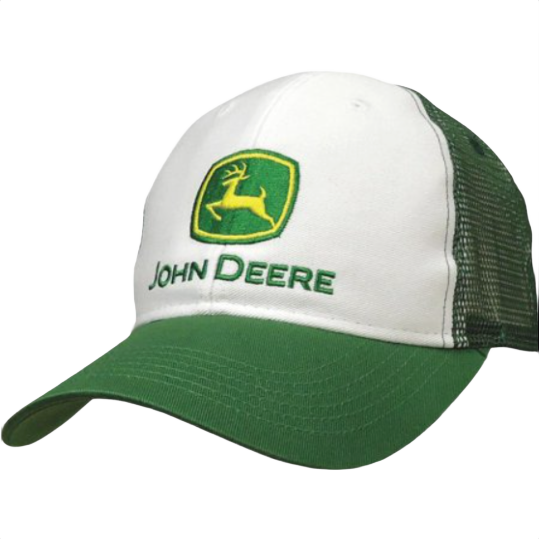 White and green mesh back cap with John Deere logo embroidered on front for outdoor and home improvement use