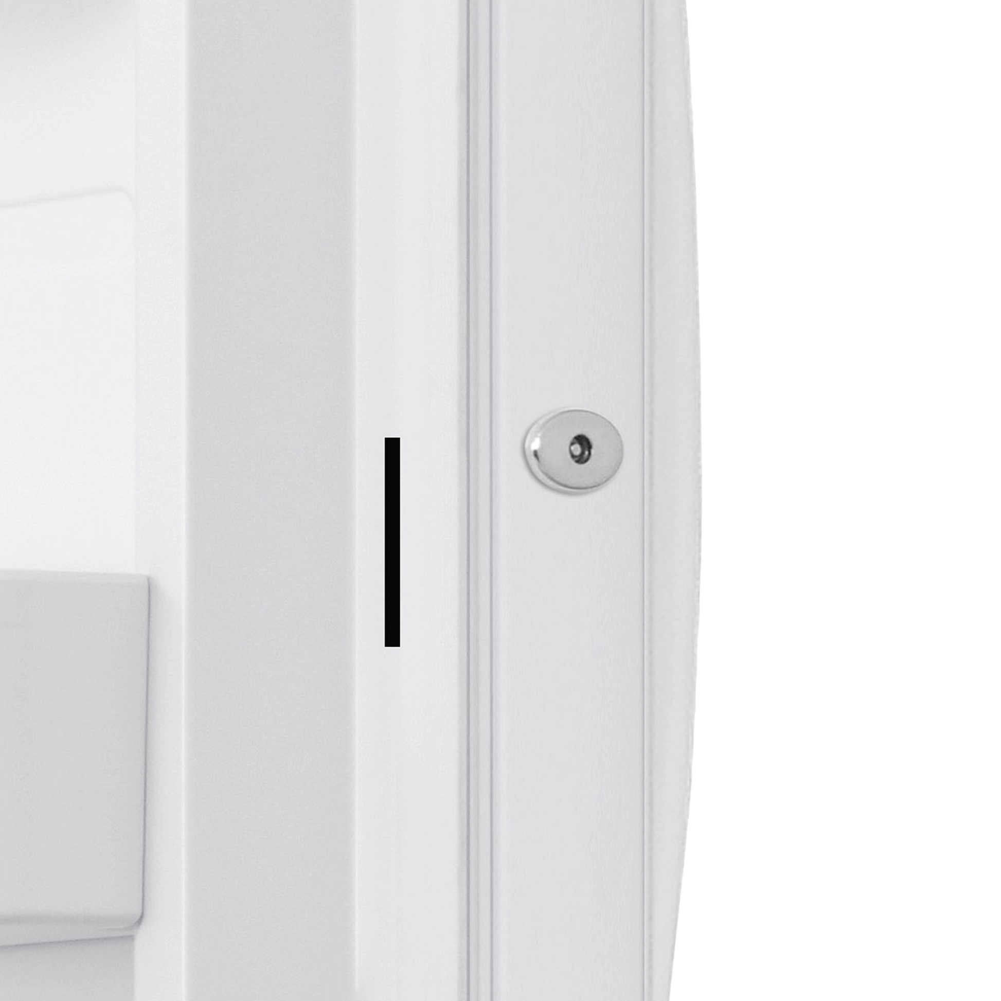 Close-up of white upright freezer door edge with lock mechanism in Freezers & Ice Makers collection