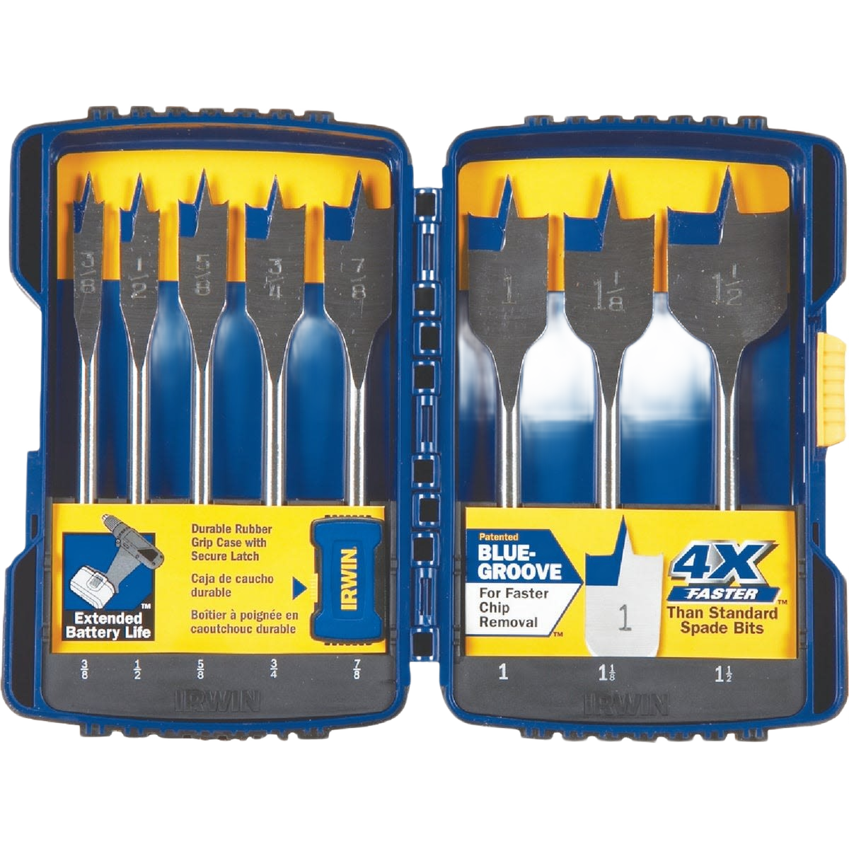 Blue and yellow case holding 8-piece spade bit set for drill accessories in under $50 tool collections