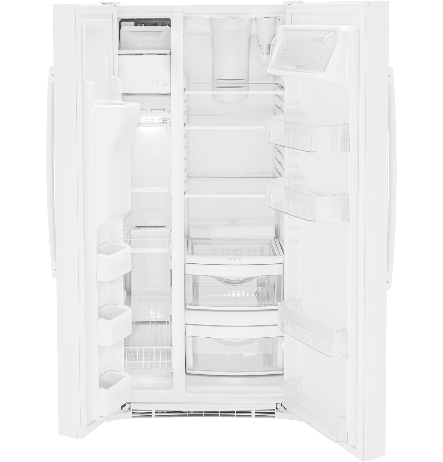 Open white side-by-side refrigerator with adjustable shelves and clear drawers in kitchen appliances collection