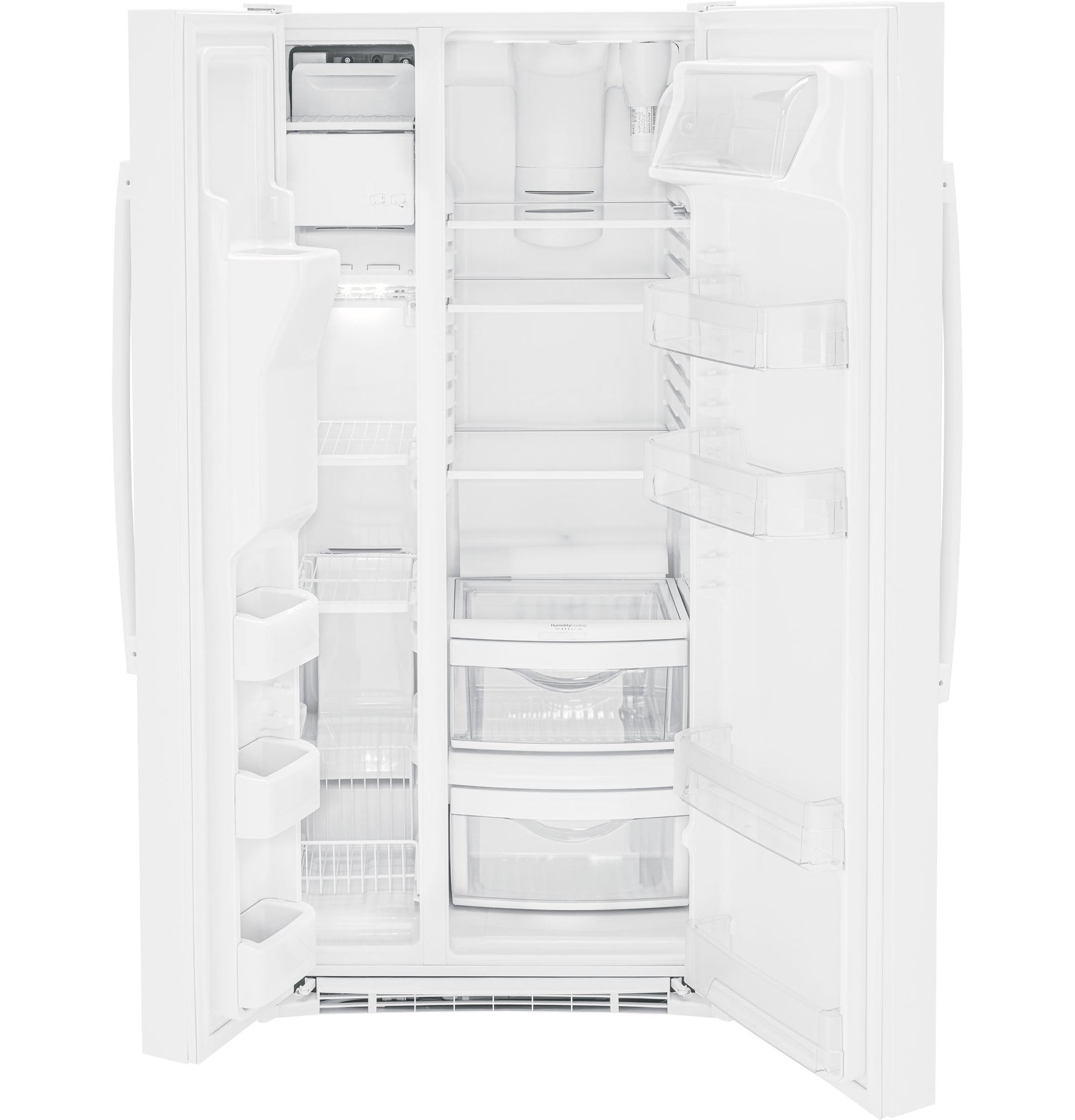Open white side-by-side refrigerator with adjustable shelves and clear drawers in kitchen appliances collection
