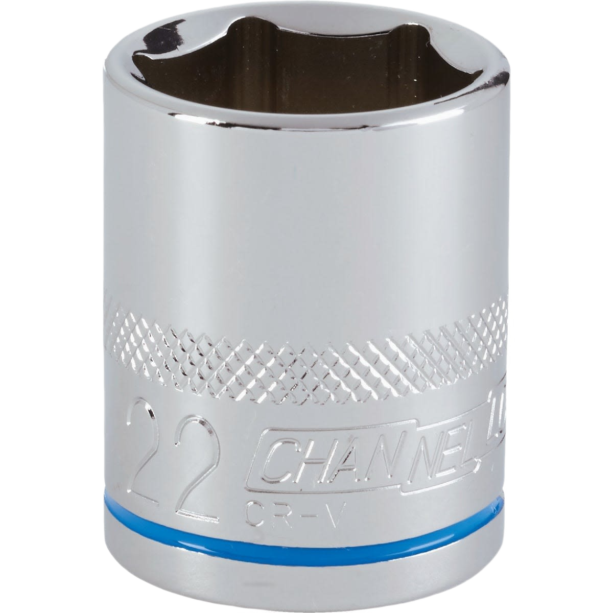 Chrome plated 22mm 6-point shallow metric socket with textured grip band for hand tools and home improvement use