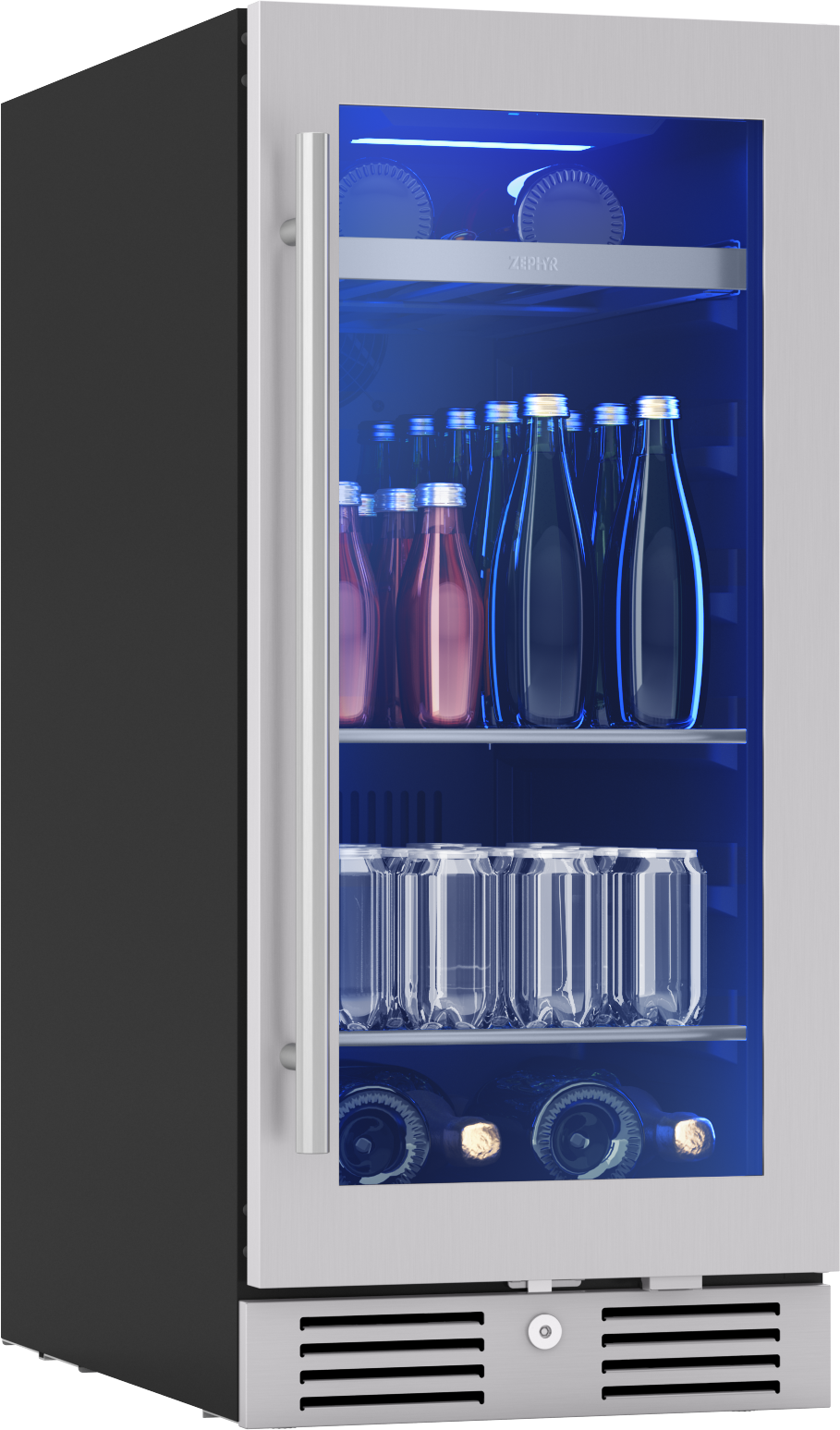 Stainless steel beverage center with glass door, blue interior lighting, multiple shelves, and wood wine rack from Beverage Centers collection