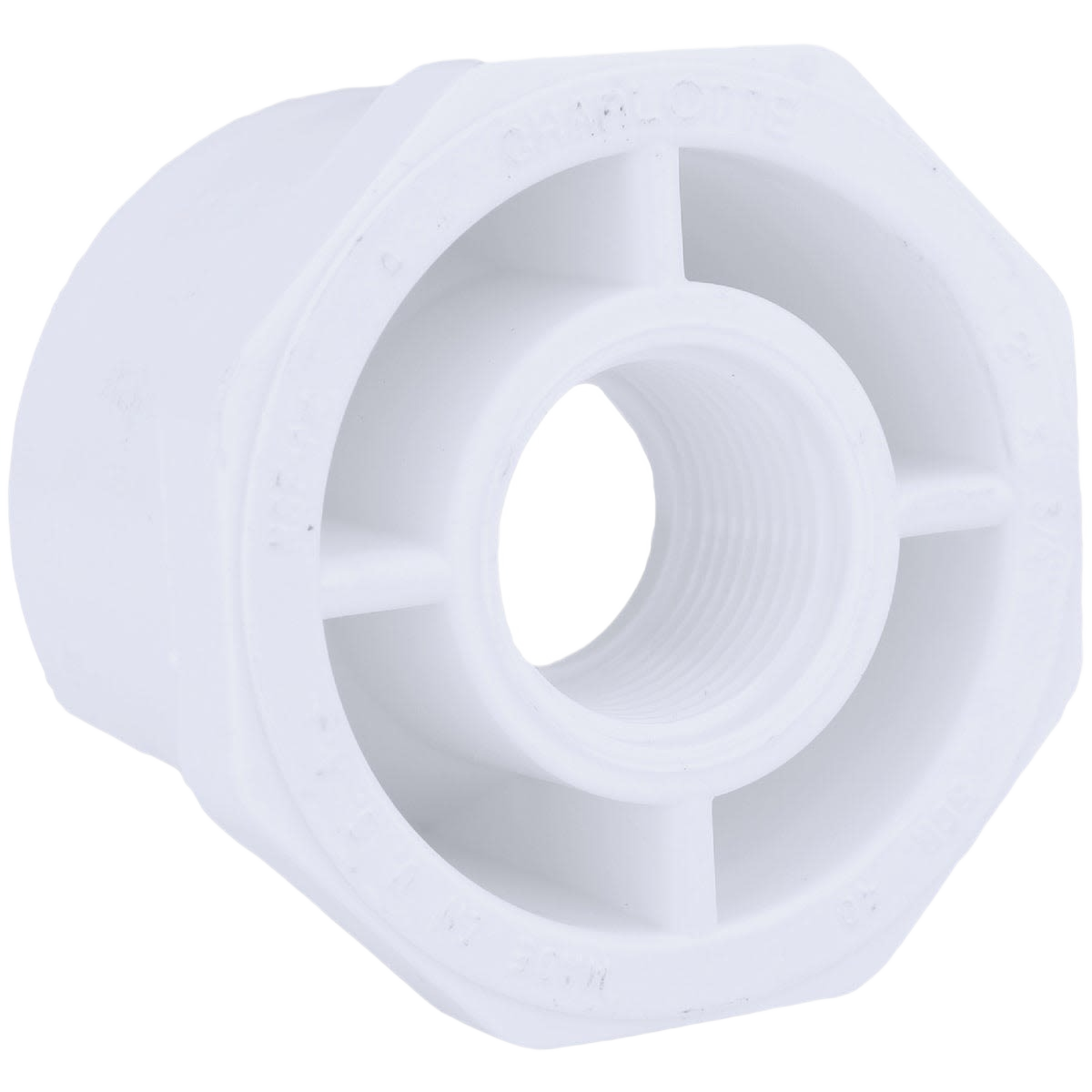 White PVC plumbing bushing with threaded fitting, part of pipes and fittings for home improvement under $50 collections