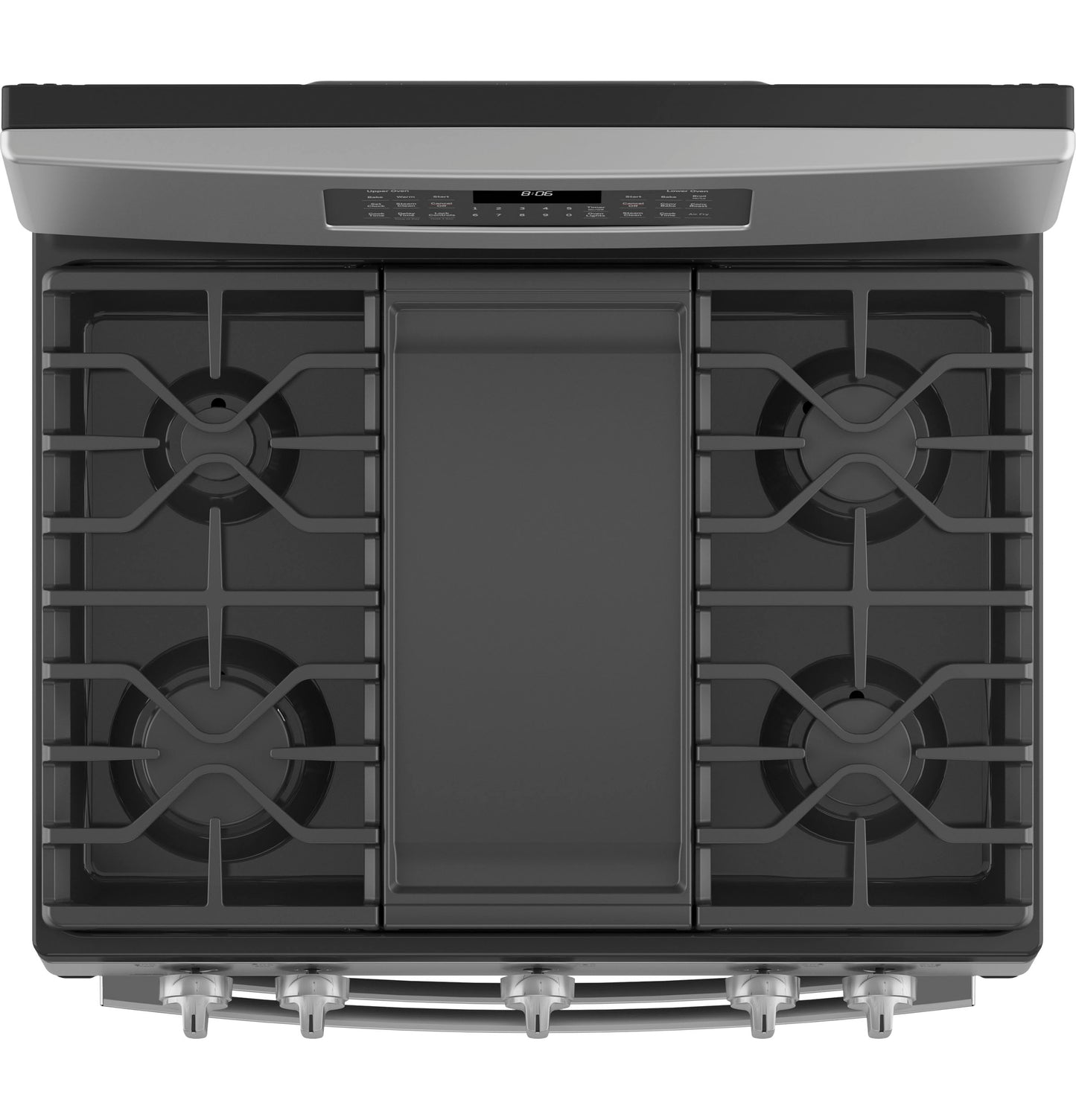 Top view of a stainless steel gas range with five burners and central griddle, part of kitchen appliances collection.