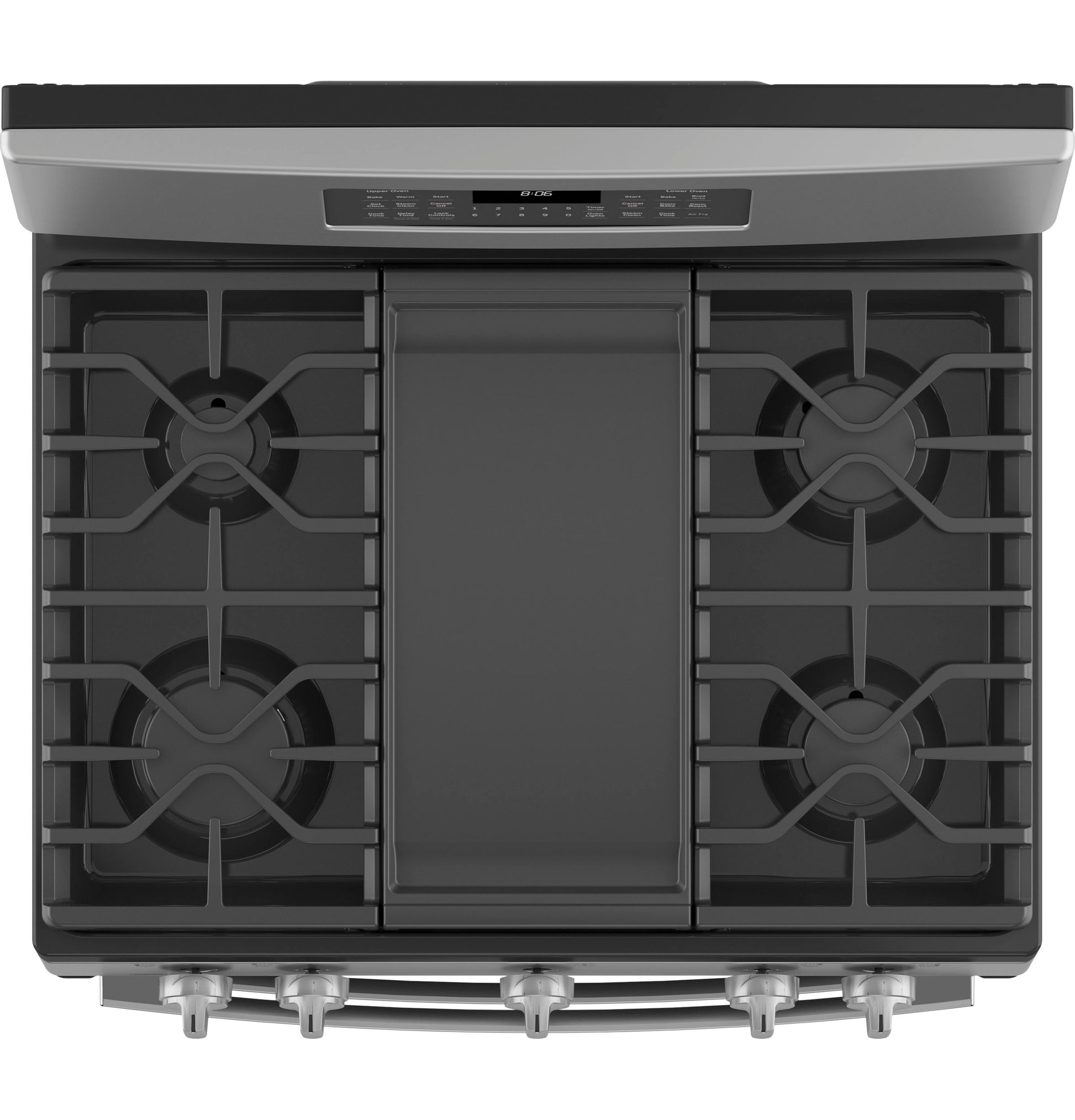Top view of a stainless steel gas range with five burners and central griddle, part of kitchen appliances collection.