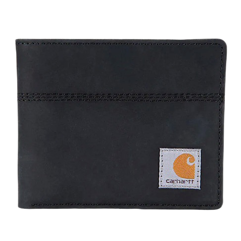 Black saddle leather bifold wallet with visible stitching and branded fabric patch on bottom corner