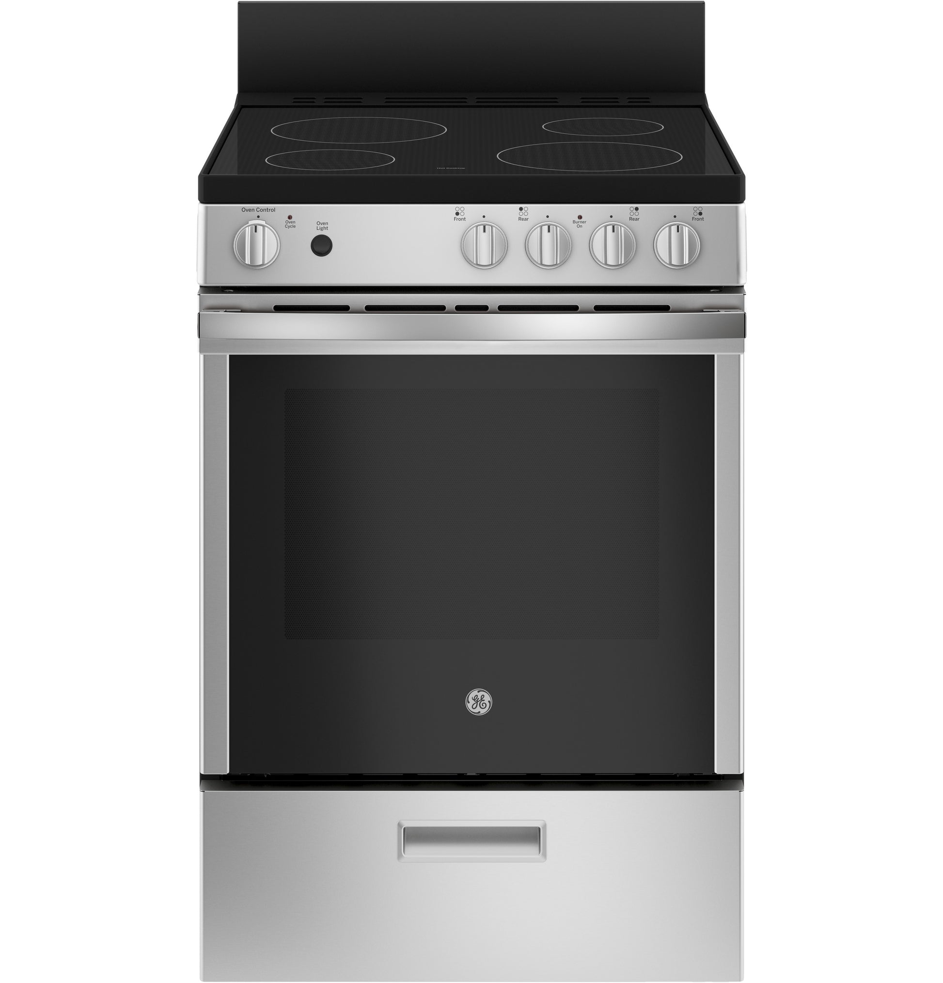 Stainless steel free-standing electric range with smooth cooktop and front control knobs in kitchen appliance collections
